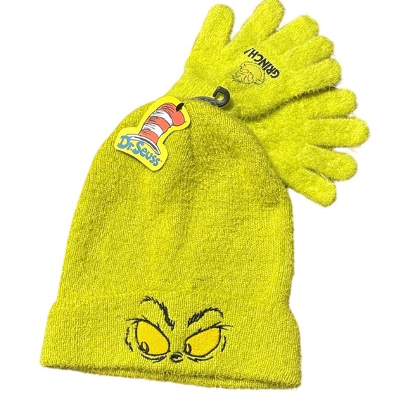 Dr. Seuss Grinch Youth Big Kid FUZZY Beanie Winter Hat & Gloves Set OS Green NEW - Picture 1 of 9